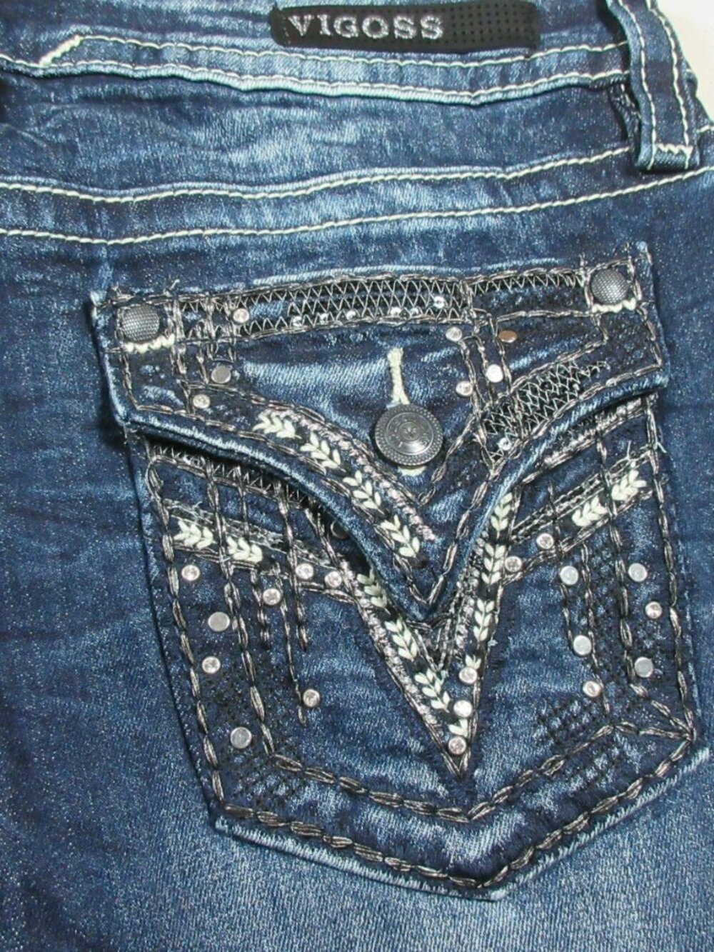 Vigoss womens dark distressed stretch Heritage triangle flap capri jeans 8 NWOT